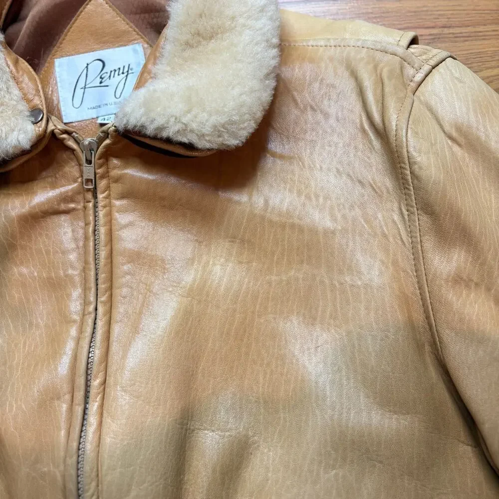 Vintage 1980s Remy Leather Bomber Tan Jacket Mens Large USA Shearling Collar